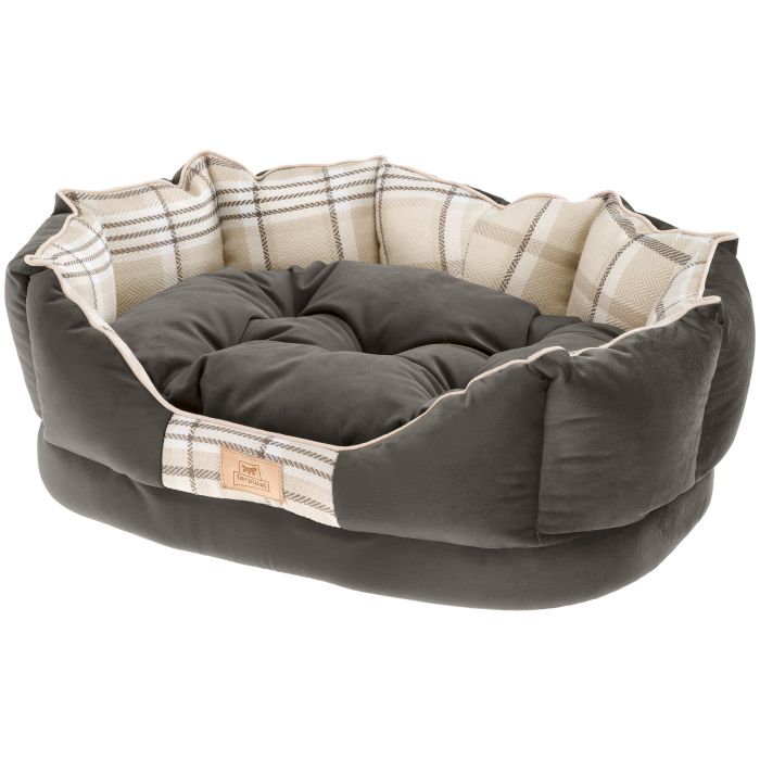 Gray pet bed with plaid lining on a white background
