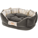 Gray pet bed with plaid lining on a white background