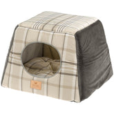 Plaid pet bed with a circular entrance on a white background