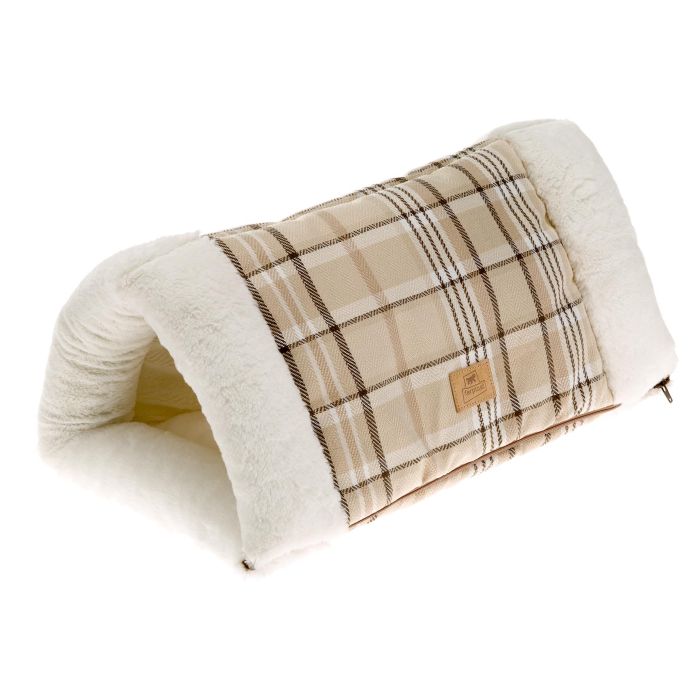 Pet bed with plaid pattern and beige interior on a white background