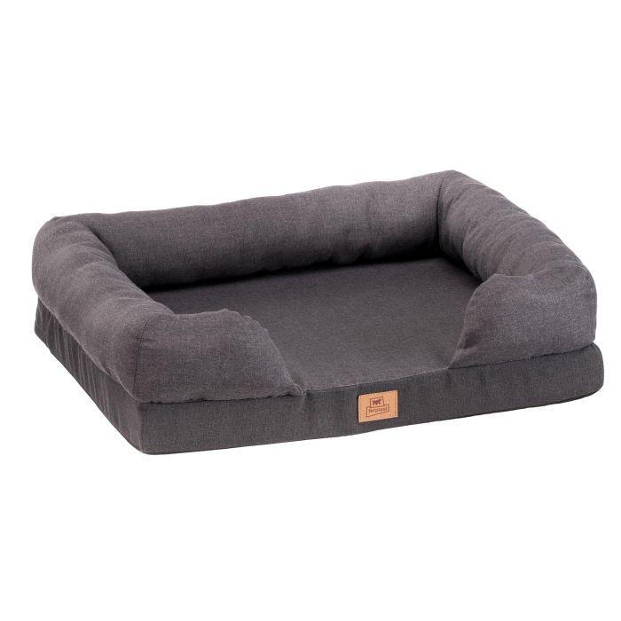 Gray pet bed with a brown label on a white background
