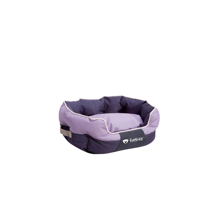 Purple pet bed with gray accents on a white background