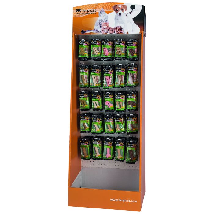 Display rack with pet products featuring a brand logo on an orange background