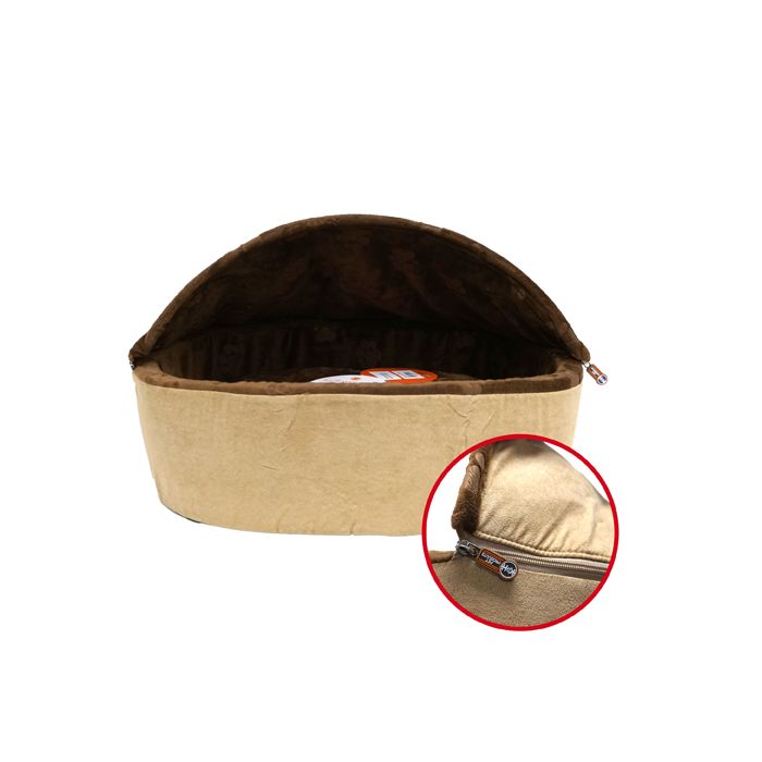 Brown pet bed with a close-up of the zipper on a white background