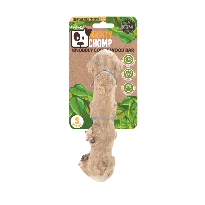 Knobby chomp wood bar with packaging on a white background