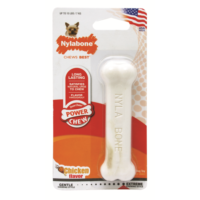Nylabone dog chew toy packaging with Nylabone logo and product details on a white background