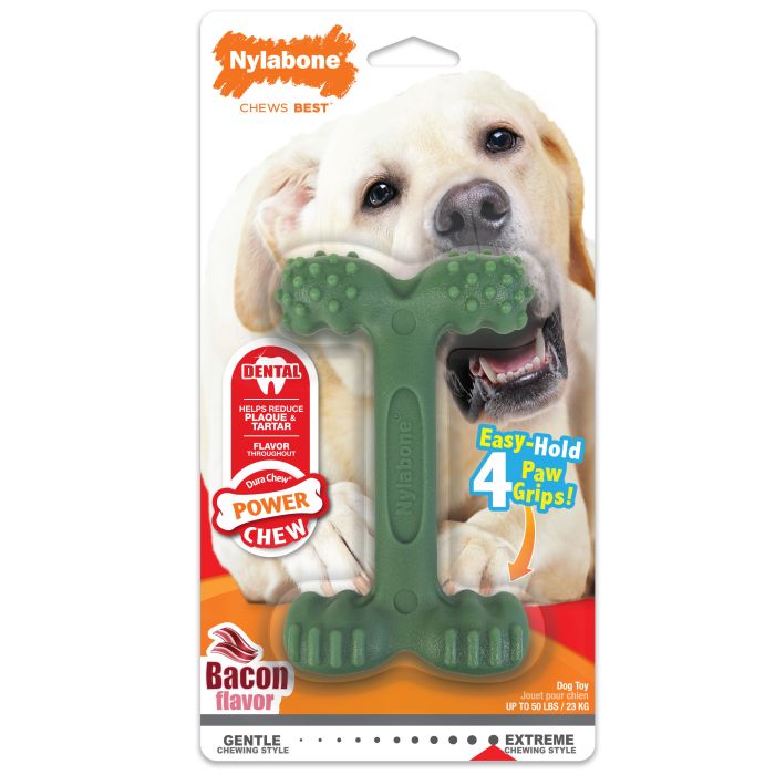 Nylabone dog chew toy packaging with a dog holding the toy, featuring Nylabone branding.