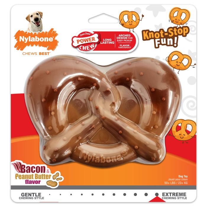 Nylabone dog toy packaging with a pretzel-shaped treat on an orange and white background.