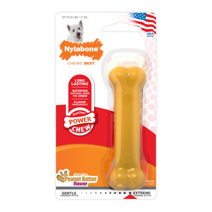 Nylabone dog chew toy packaging with a yellow bone-shaped toy on a white background