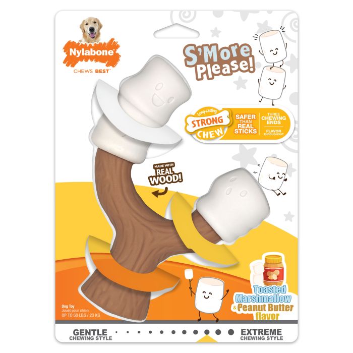 Nylabone dog chew toy packaging with marshmallow and stick design on a white background