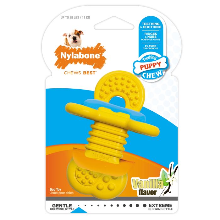 Yellow dog chew toy with packaging featuring Nylabone branding on a white background