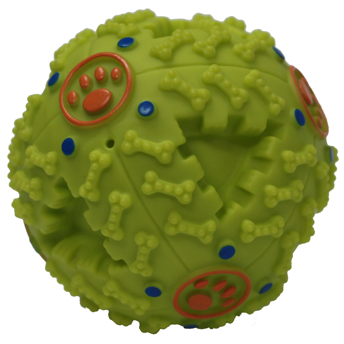Green textured dog toy with paw and bone designs on a white background
