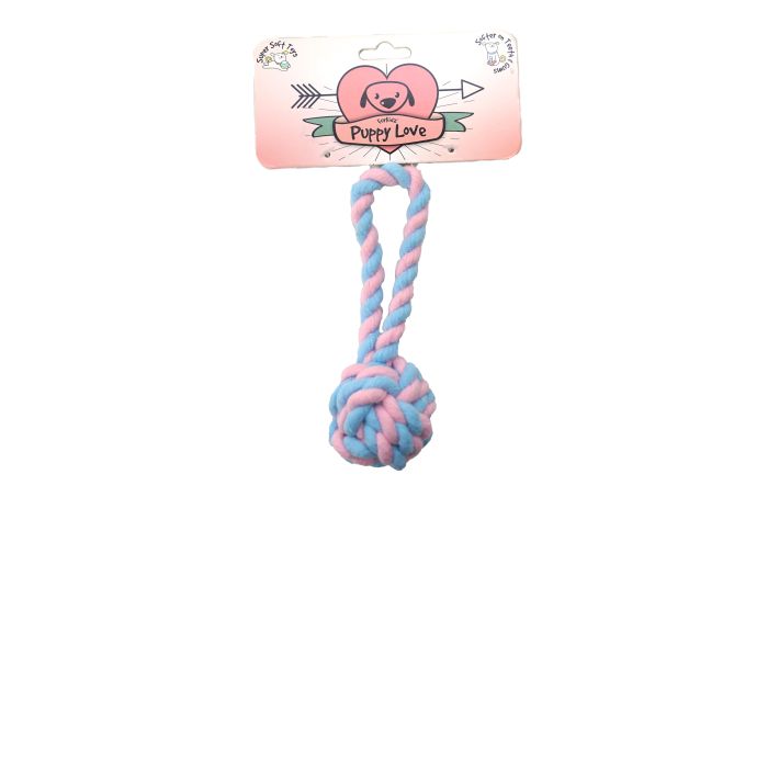 Pink and blue rope dog toy with 'Puppy Love' packaging on a white background