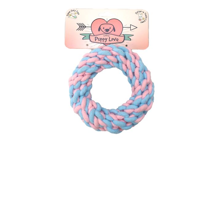 Pink and blue braided dog toy with 'Puppy Love' packaging on a white background