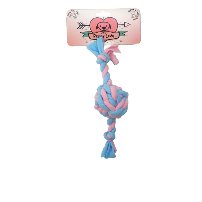 Pink and blue knotted rope toy for pets on a white background with 'Puppy Love' packaging.