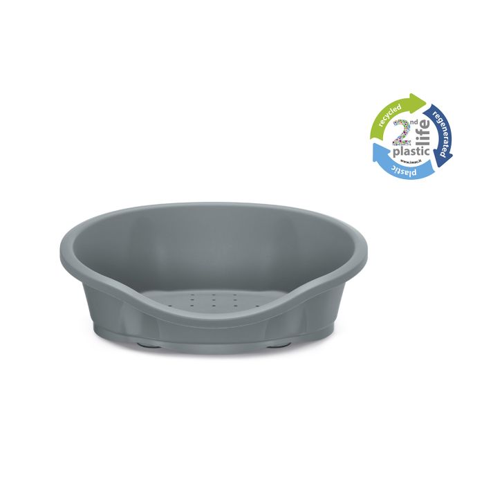Gray plastic basin with a recycling logo on a white background