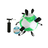 Dog toy with green and white design, black straps, and pump on a white background
