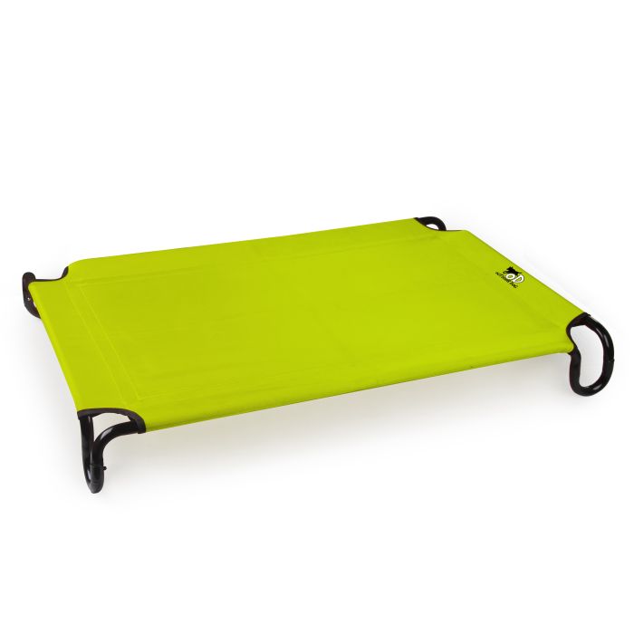 Green pet cot with black legs on a white background