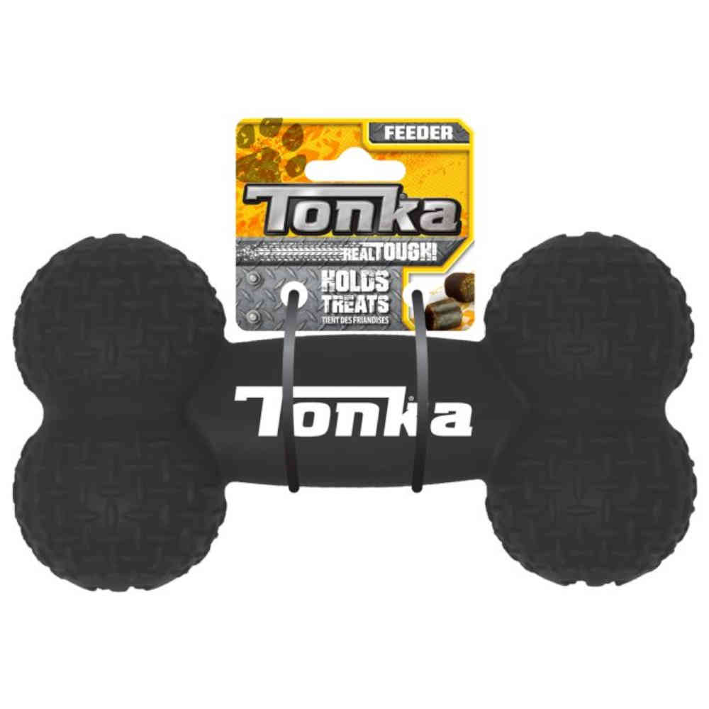 Black bone-shaped dog toy with 'Tonka' branding on a white background