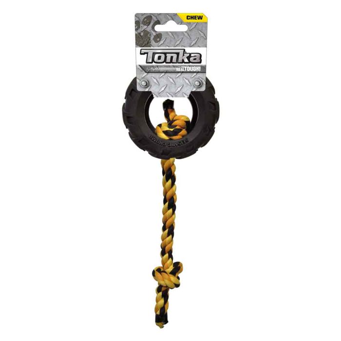 Dog toy with black and yellow rope on a white background, featuring the Tonka brand.