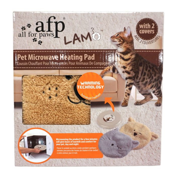 Package of all for paws LAM pet microwave heating pad with a cat on the packaging.
