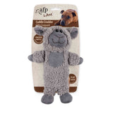 Gray plush lamb toy with packaging on a white background