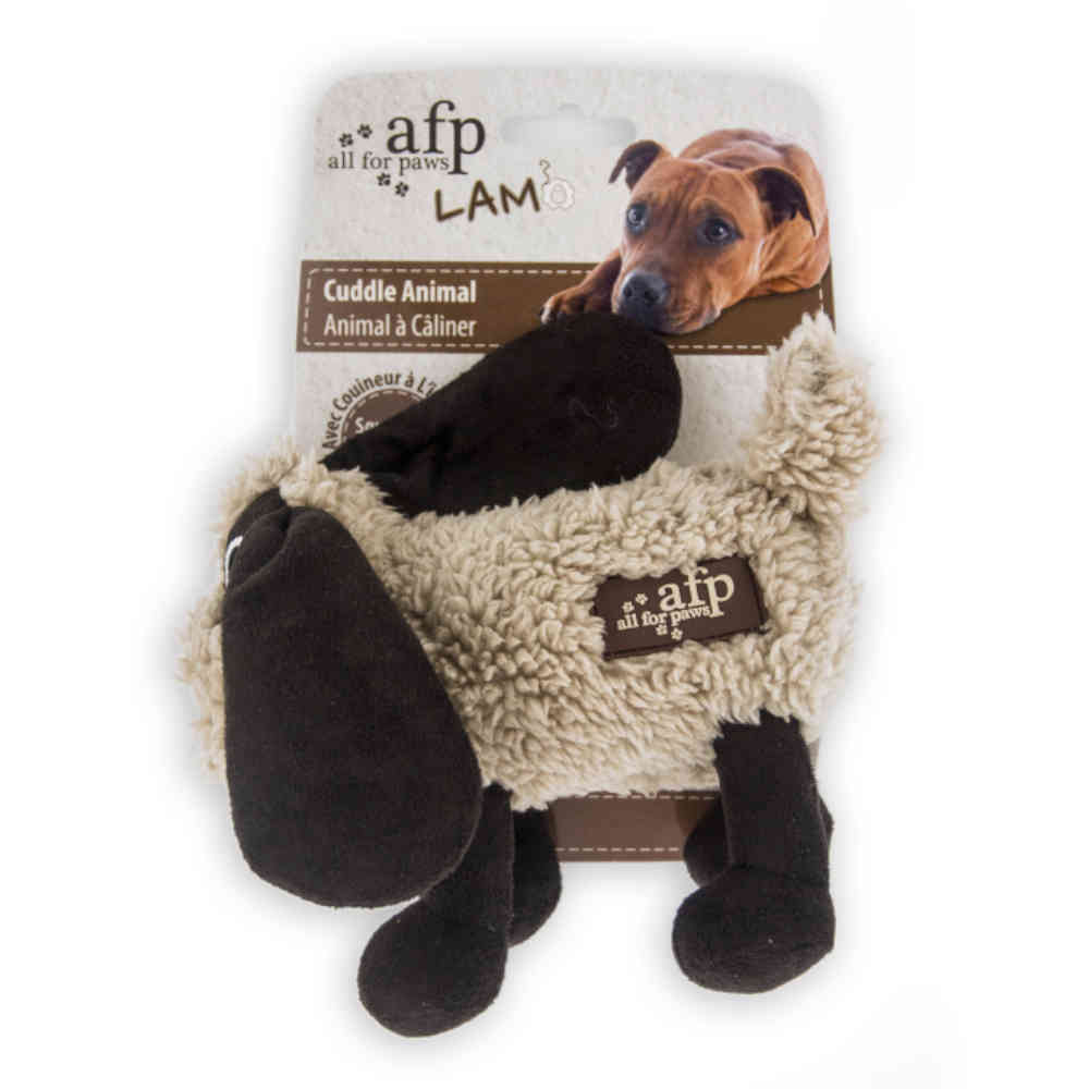 Dog toy with sherpa texture and 'all for paws' branding on a white background