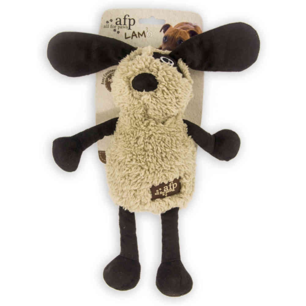 Dog toy resembling a sheep with black legs and ears, beige body, and 'all for paws' branding on a white background.