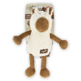 Plush dog toy with a white face and brown body on a white background