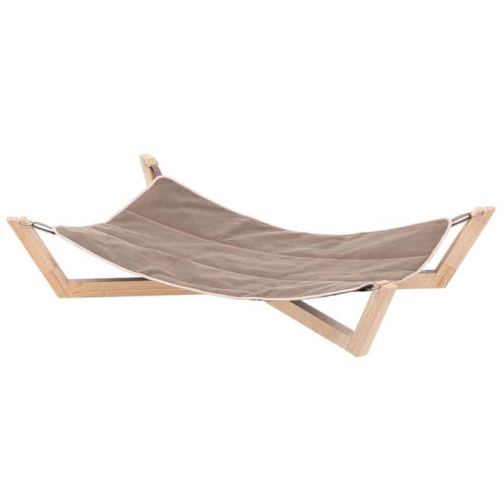 Beige hammock with wooden stand on a white background