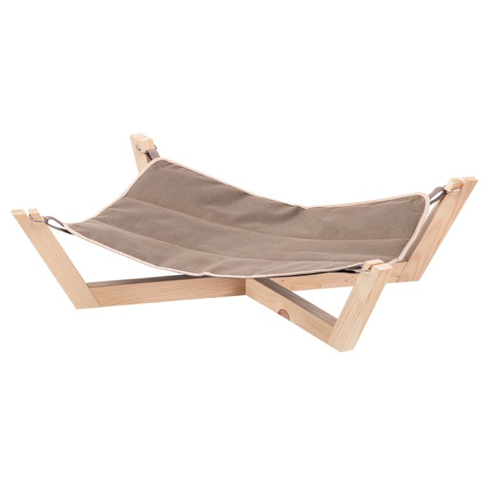 Brown hammock with wooden stand on a white background