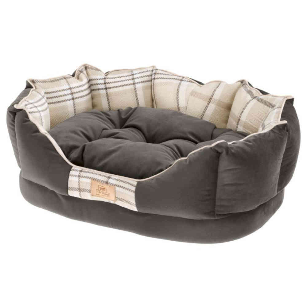 Gray pet bed with plaid lining on a white background