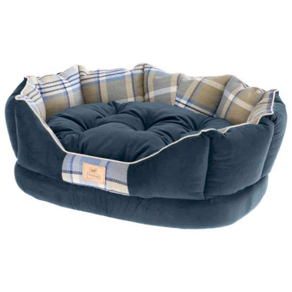 Blue pet bed with plaid lining on a white background
