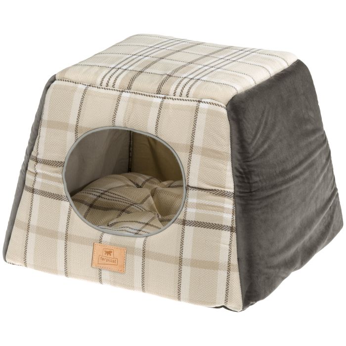 Plaid pet bed with a circular entrance on a white background