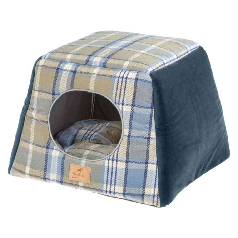 Plaid pet bed with a soft interior on a white background