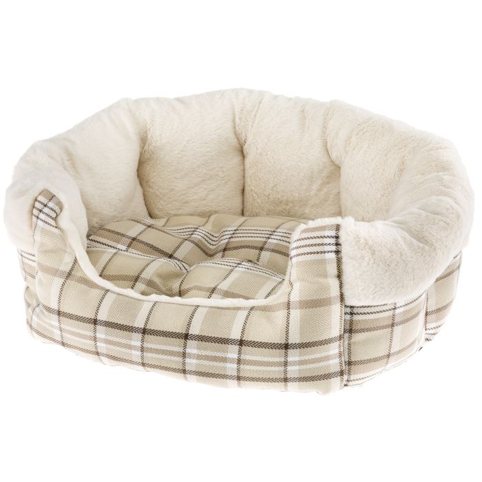 Plush pet bed with plaid pattern on a white background