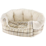 Plush pet bed with plaid pattern on a white background