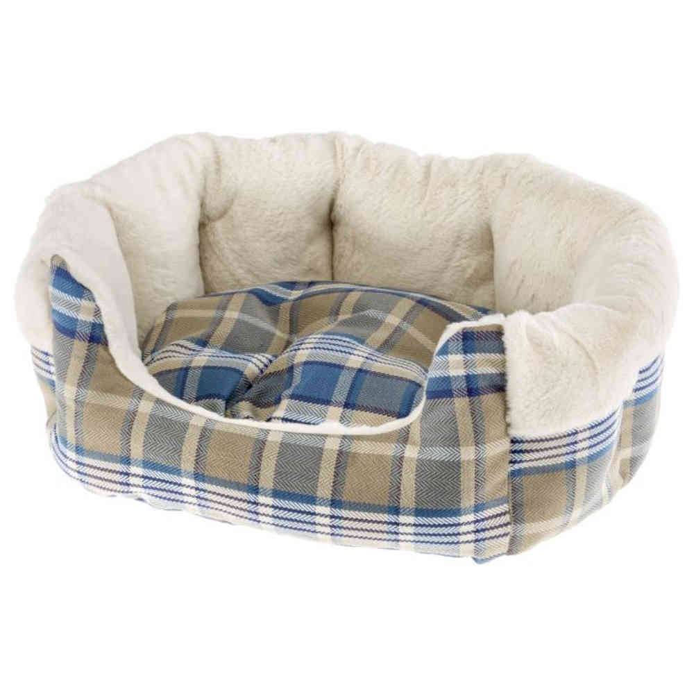 Pet bed with plaid pattern and white interior on a white background