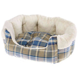 Plaid pet bed with white lining on a white background