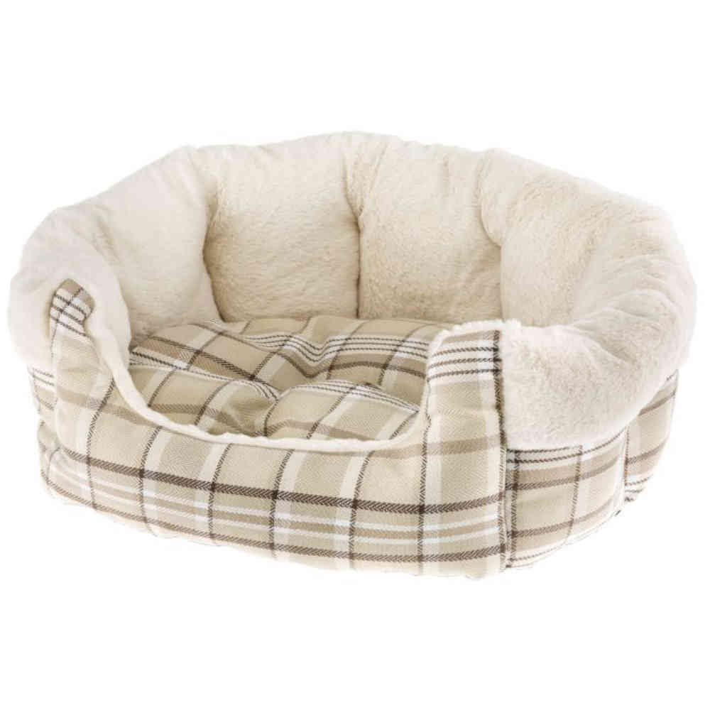 Plush pet bed with plaid pattern on a white background