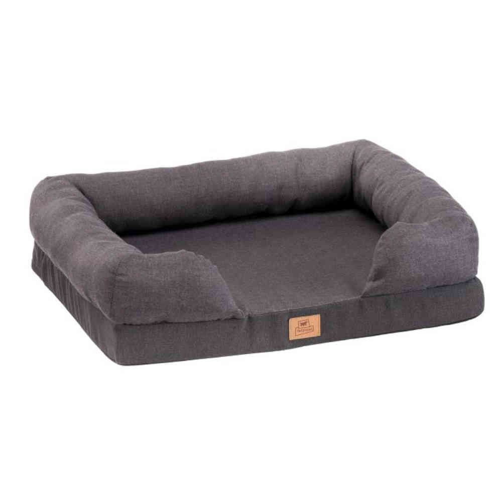 Gray pet bed with a brown label on a white background