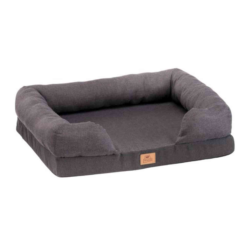 Gray pet bed with a brand label on a white background