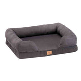 Gray pet bed with a brand label on a white background