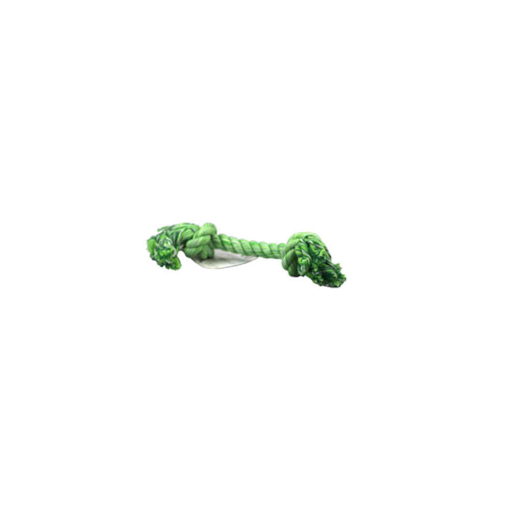 Green knotted rope toy on a white background