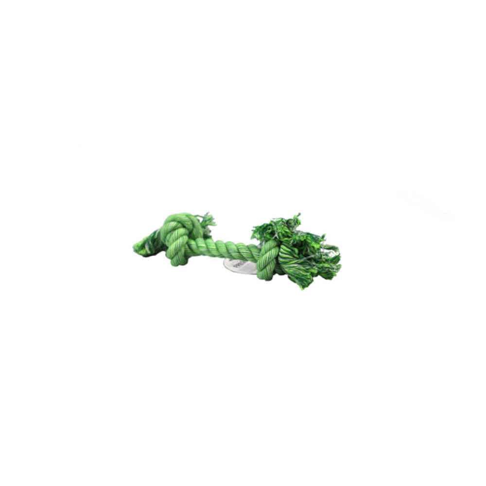 Green dog toy with rope on a white background