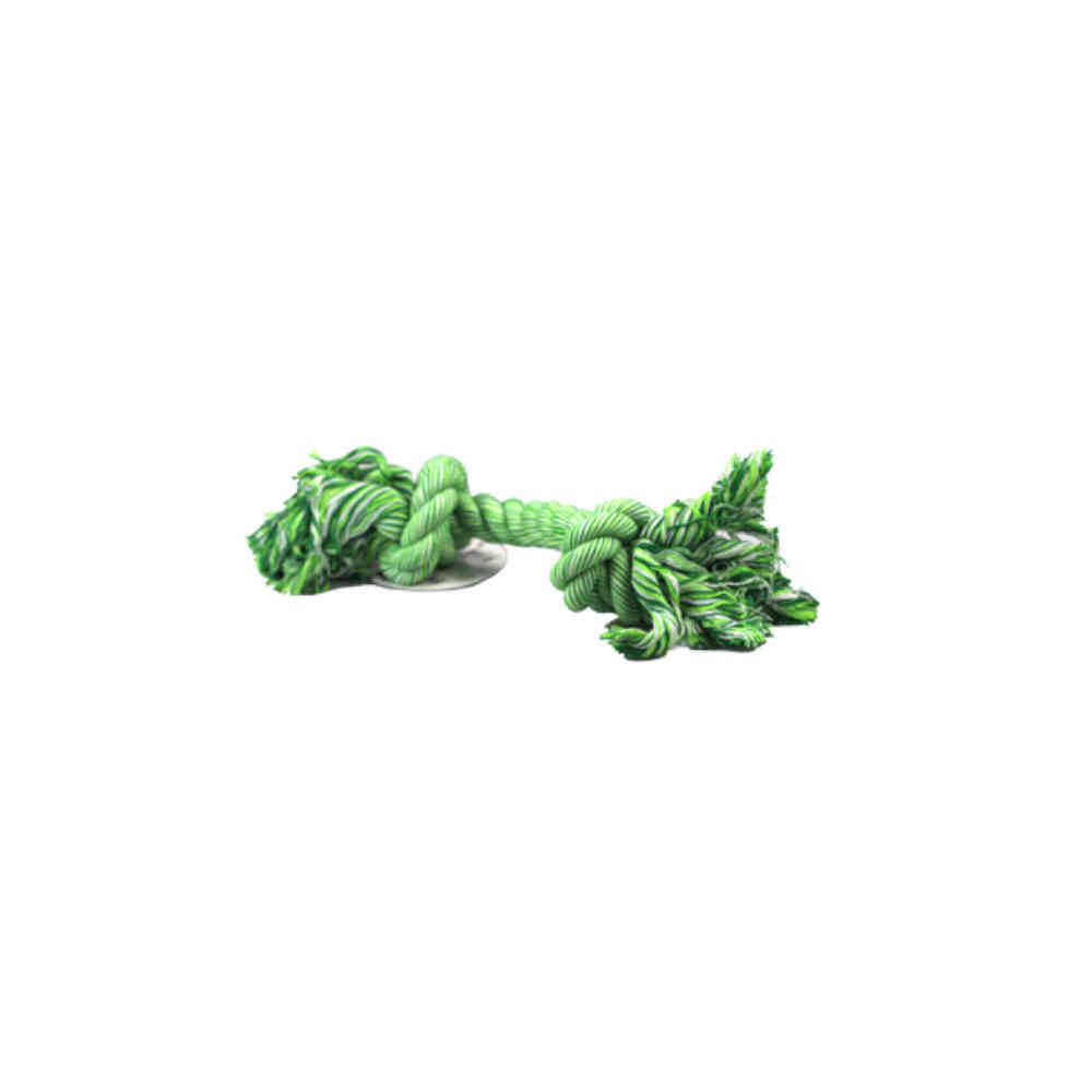 Green dog toy with rope on a white background