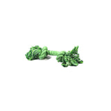 Green dog toy with rope on a white background