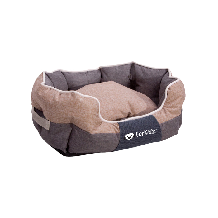 Pet bed with 'furkidz' branding on a white background