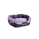 Purple pet bed with gray accents on a white background