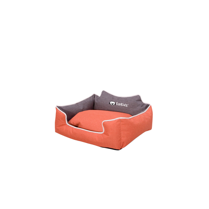 Orange pet bed with gray interior on a white background